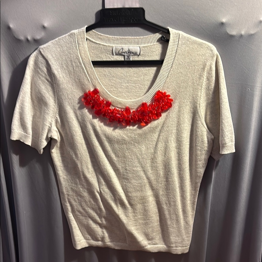 Cream Top with Red Embellishments